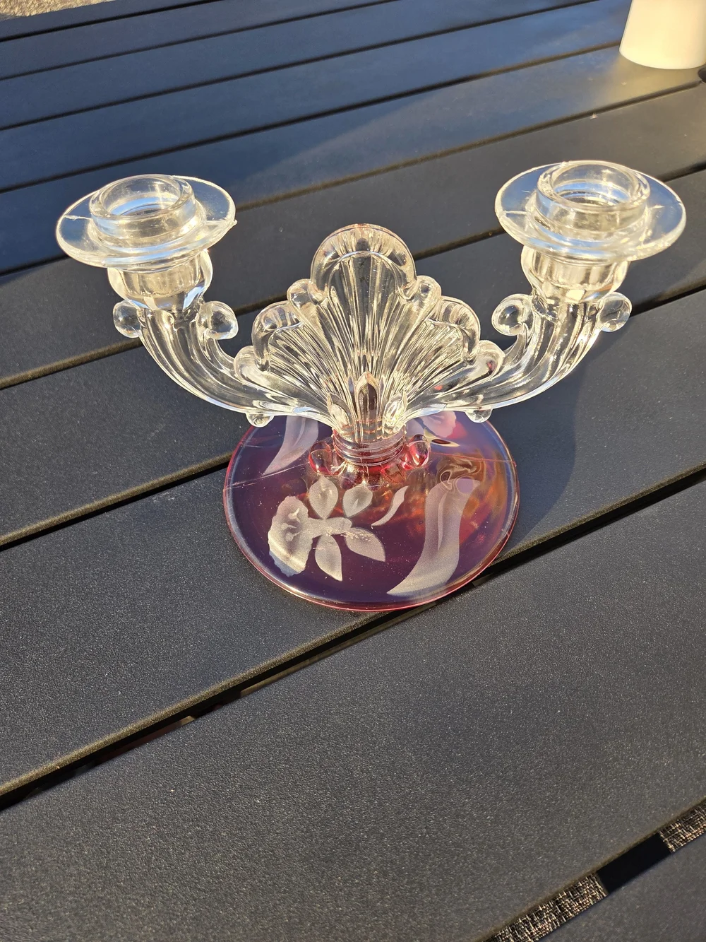 Indiana Glass 1940's Double Arm  Candlestick Holder - Cranberry Etched Base